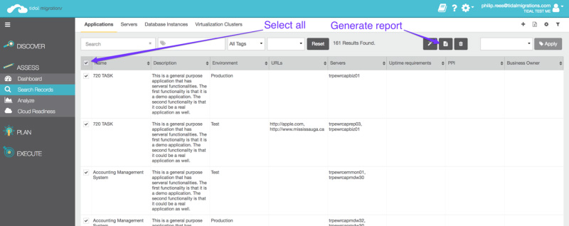 Select all your applications and generate a report